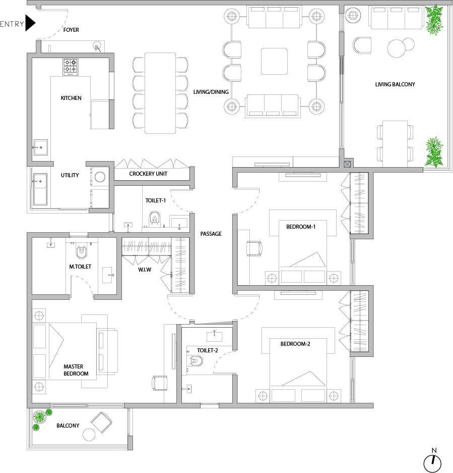 3BHK Type - 1 Floor Plan